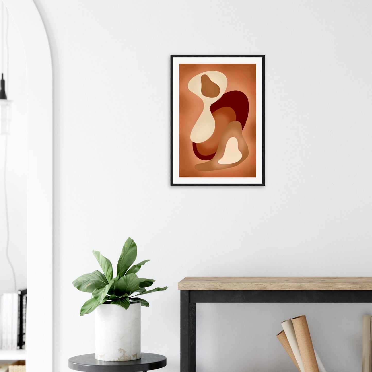 Abstract earth tones poster with dark wood frame for modern interiors