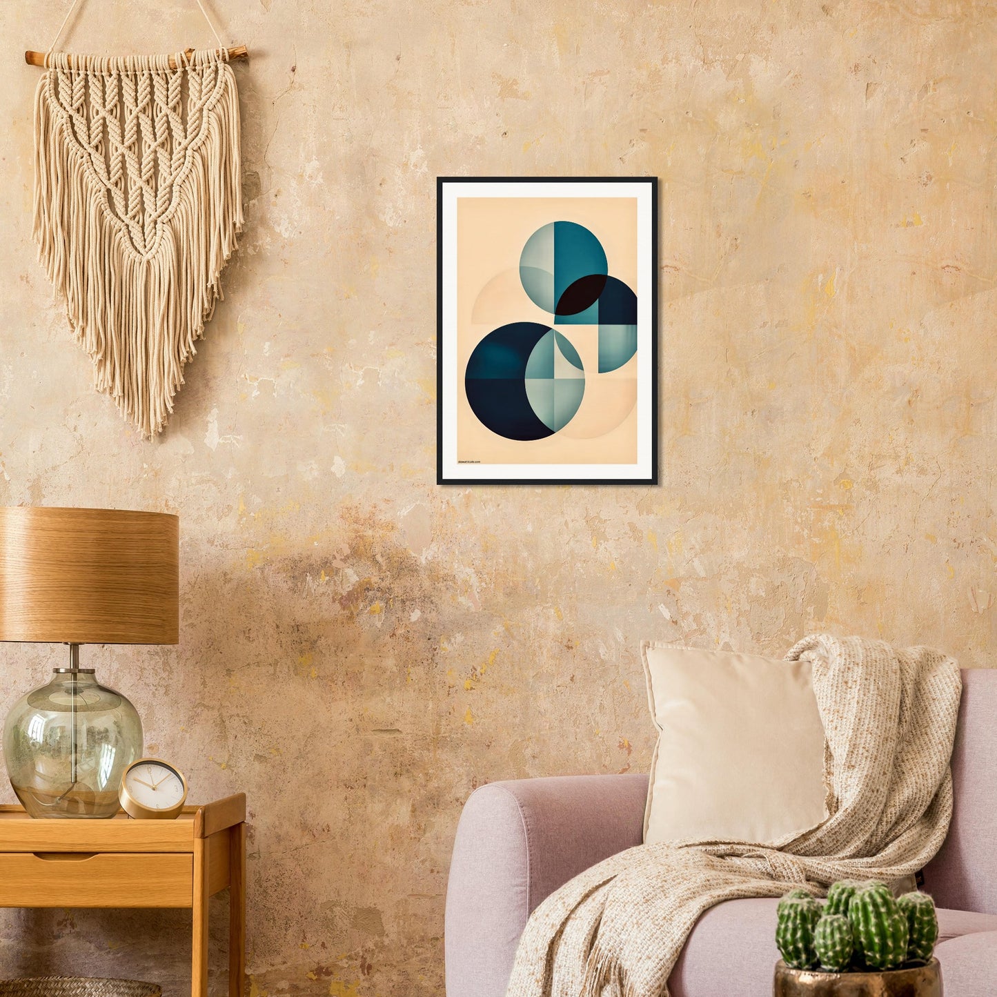 Living room with abstract art on the wall, lamp, and decorative items.