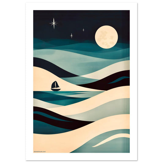 Serene coastal night scene poster in modern bedroom interior - premium FSC-certified matte finish print