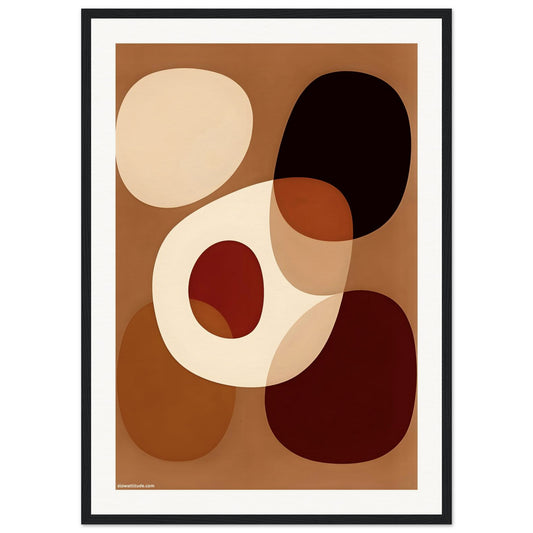 Abstract art print with geometric shapes on a brown background