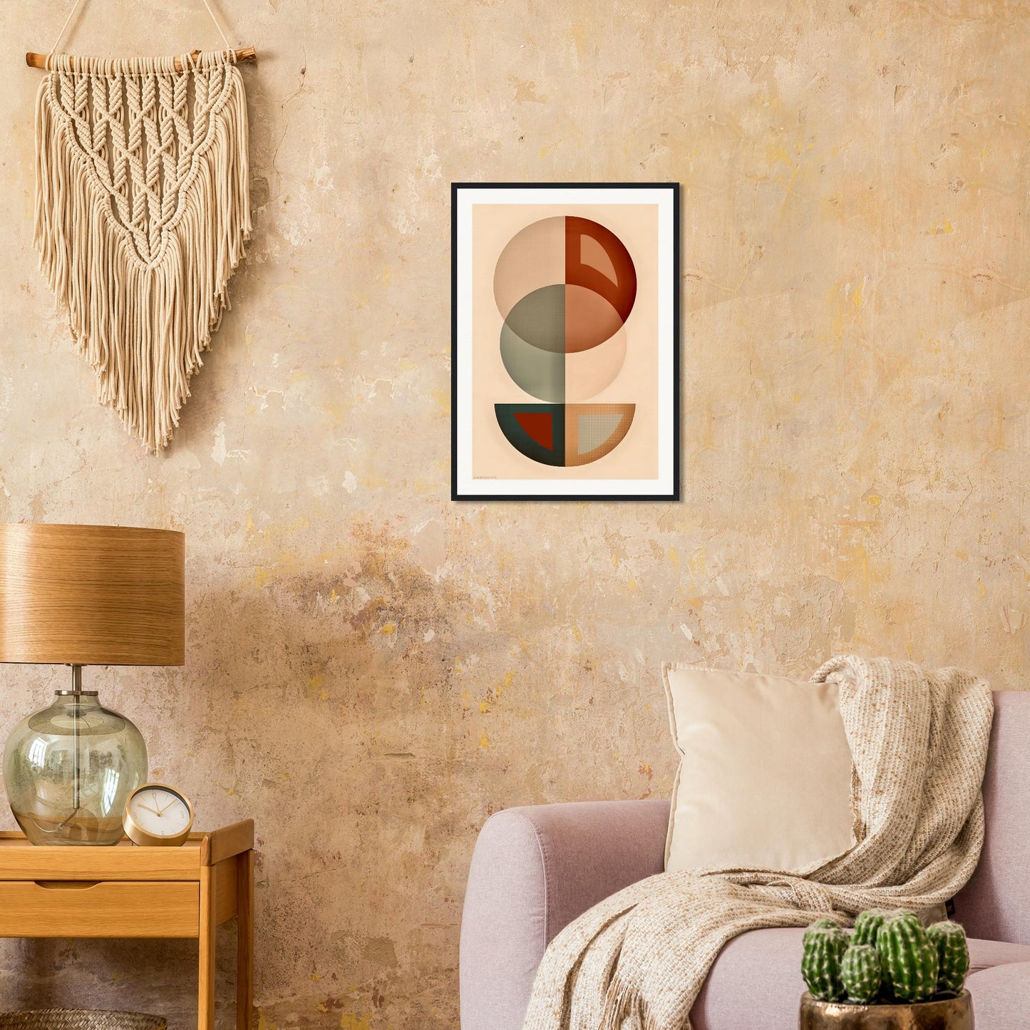 Living room with abstract art on the wall, lamp, and decorative elements.