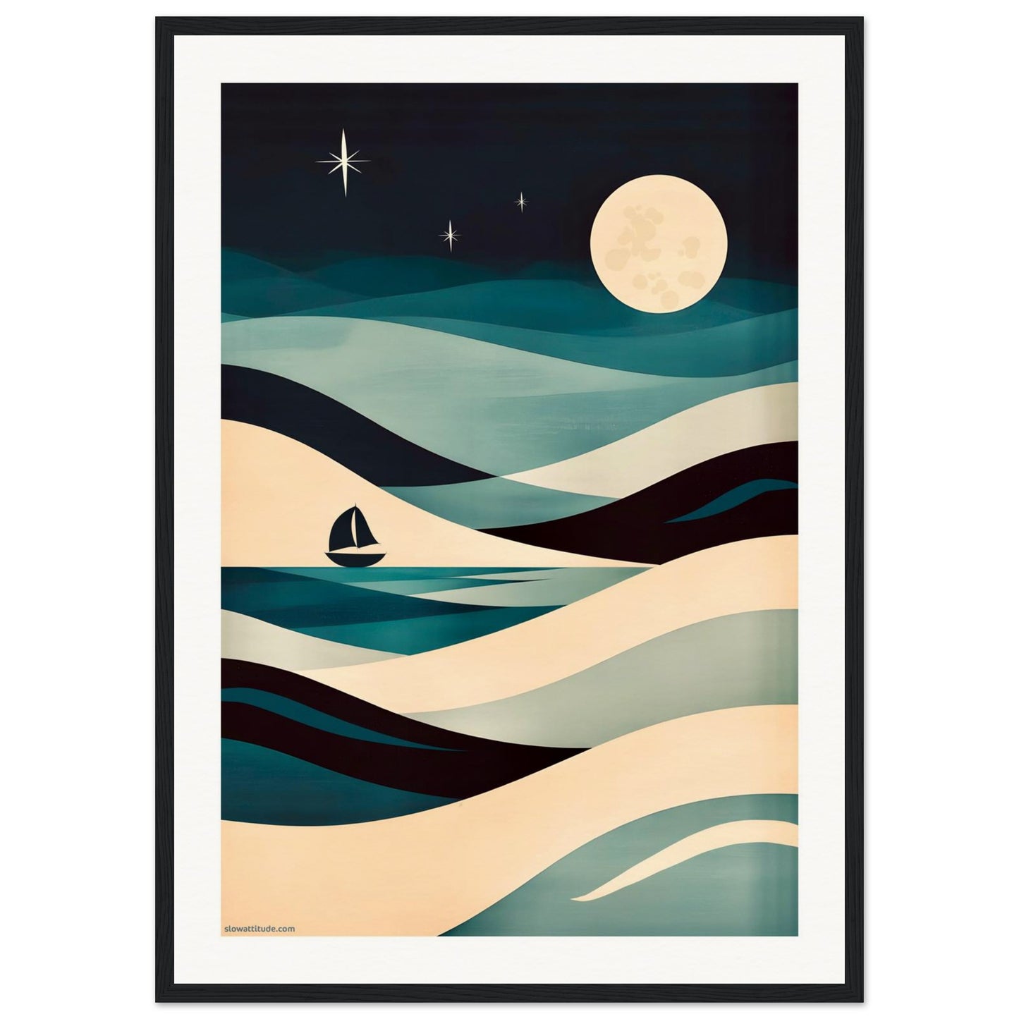 Framed artwork of a stylized seascape with wavy lines, a moon, and a sailboat.