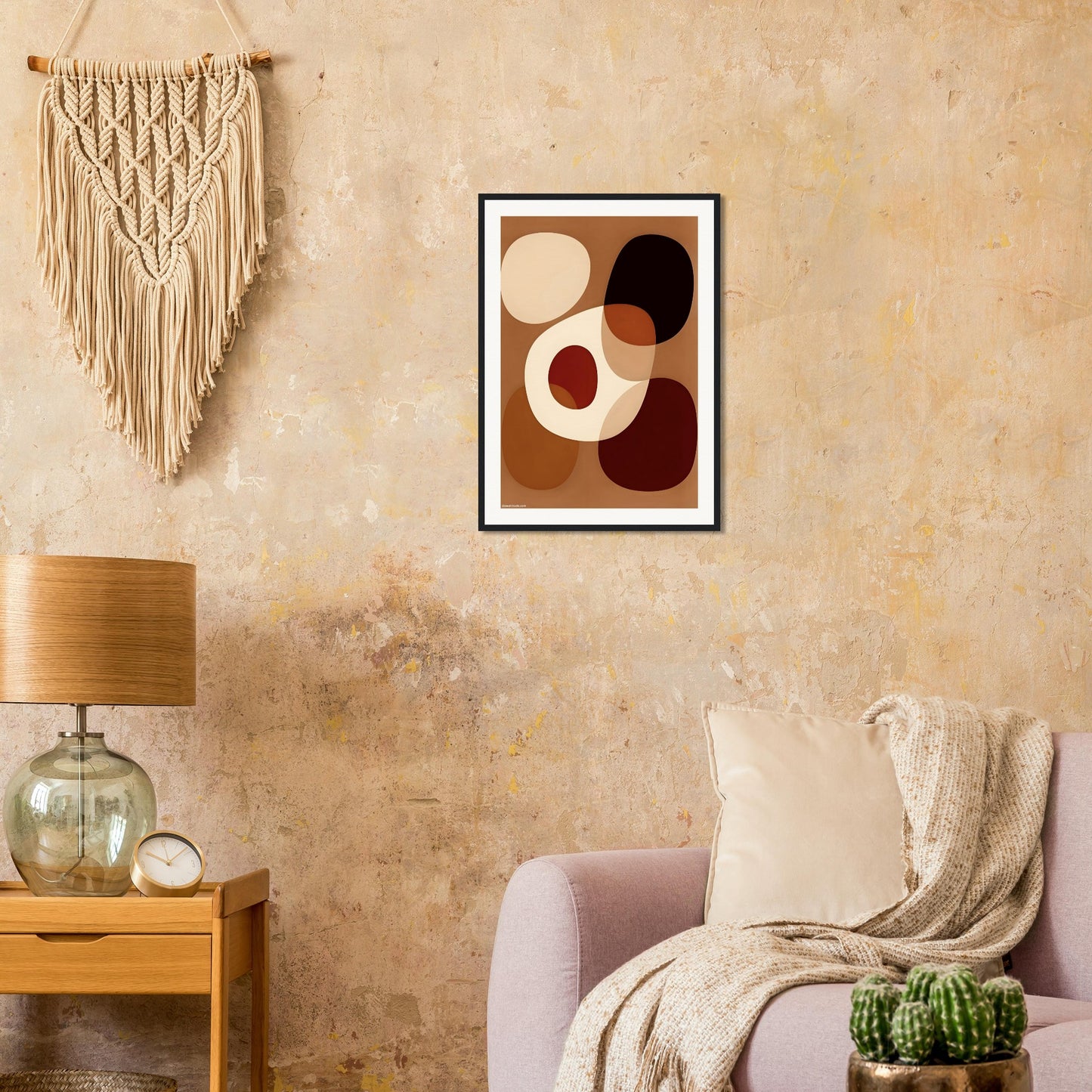 Abstract earth tones framed poster in modern living room with Boho decor