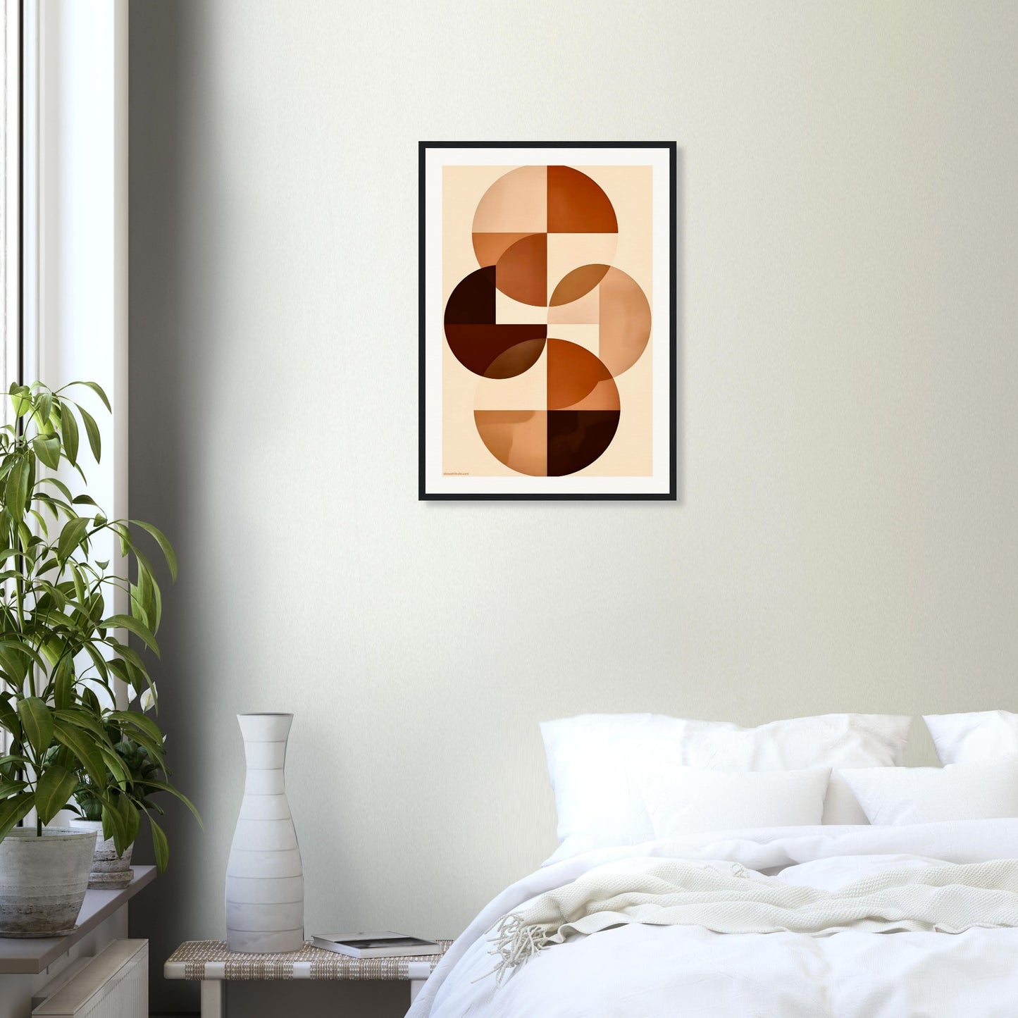 Warm neutral abstract wall art in serene bedroom with natural light