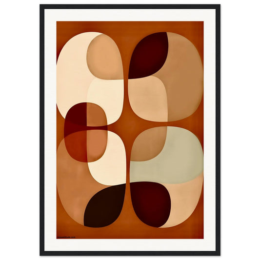 Abstract framed wall art with geometric shapes on a brown background