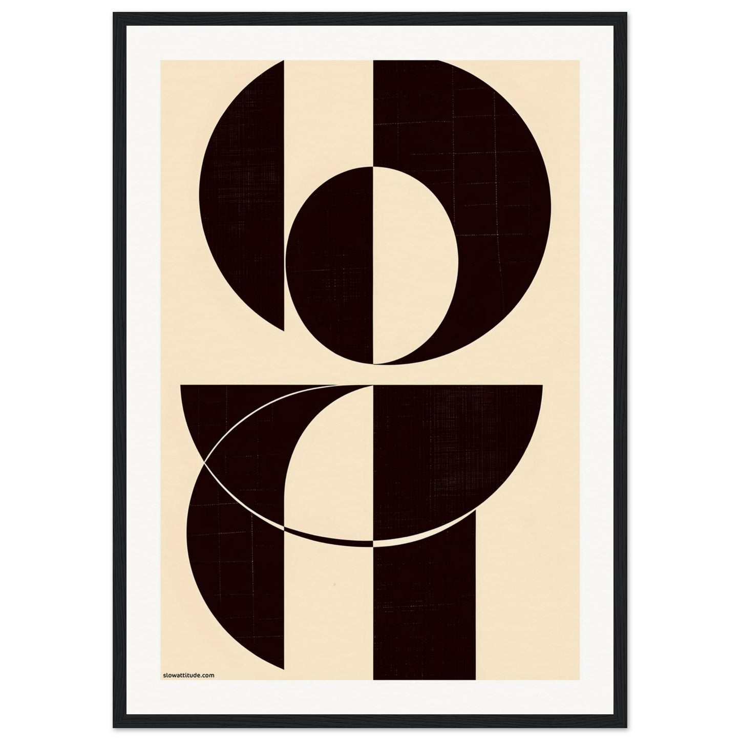 Framed abstract art print with geometric shapes inspired by the Bauhaus movement.