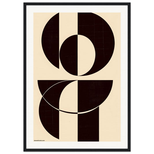 Framed abstract art print with geometric shapes inspired by the Bauhaus movement.