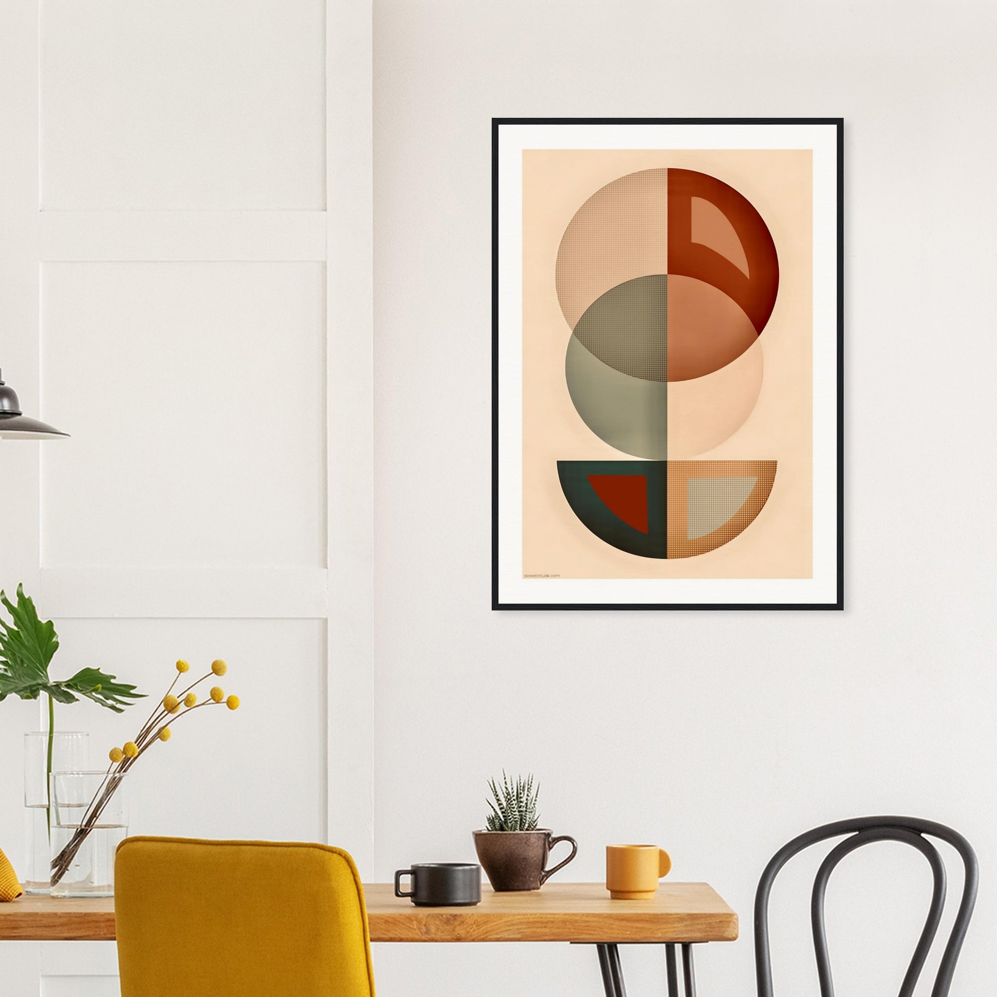 Abstract geometric earth tones framed poster in modern living room with neutral decor