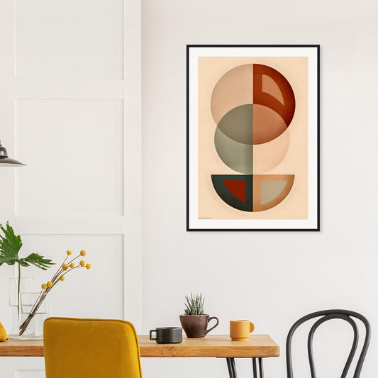 Abstract geometric earth tones framed poster in modern living room with neutral decor