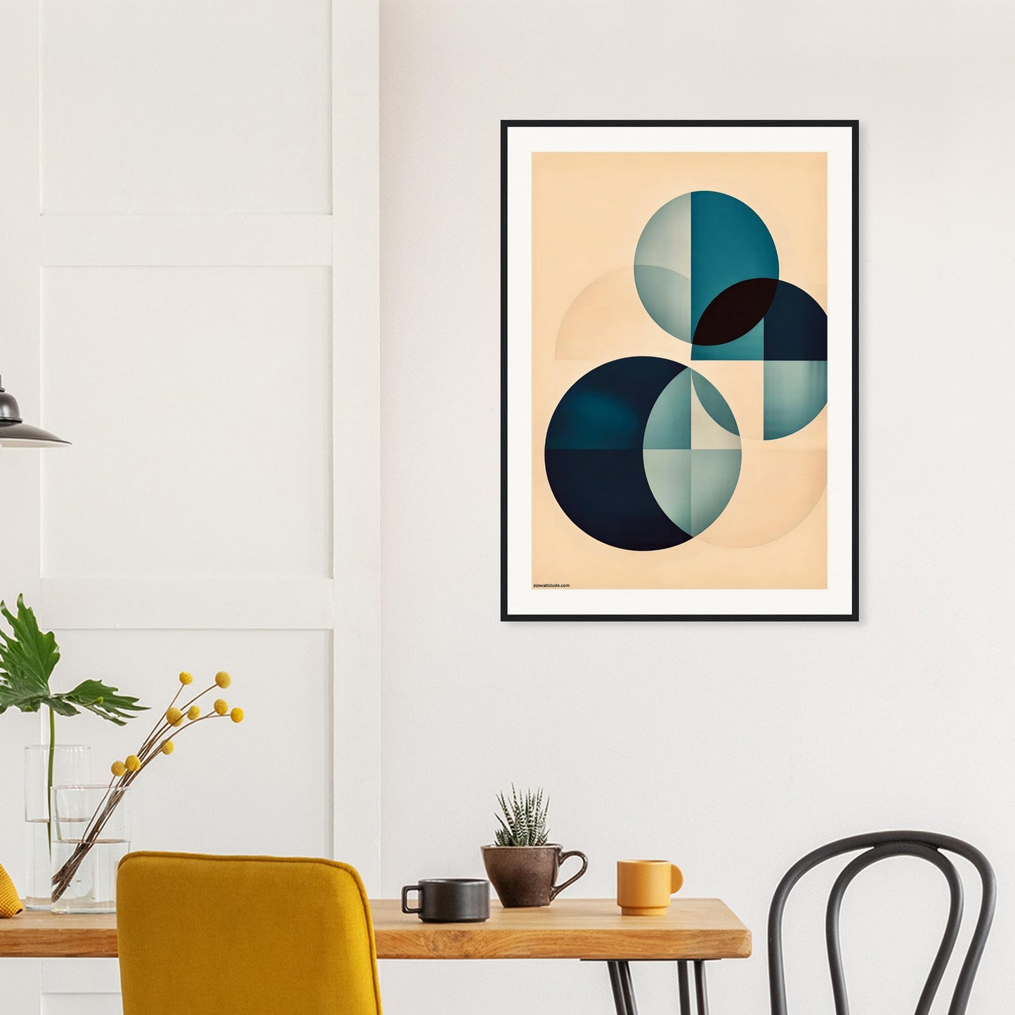 Abstract framed art in modern home office workspace
