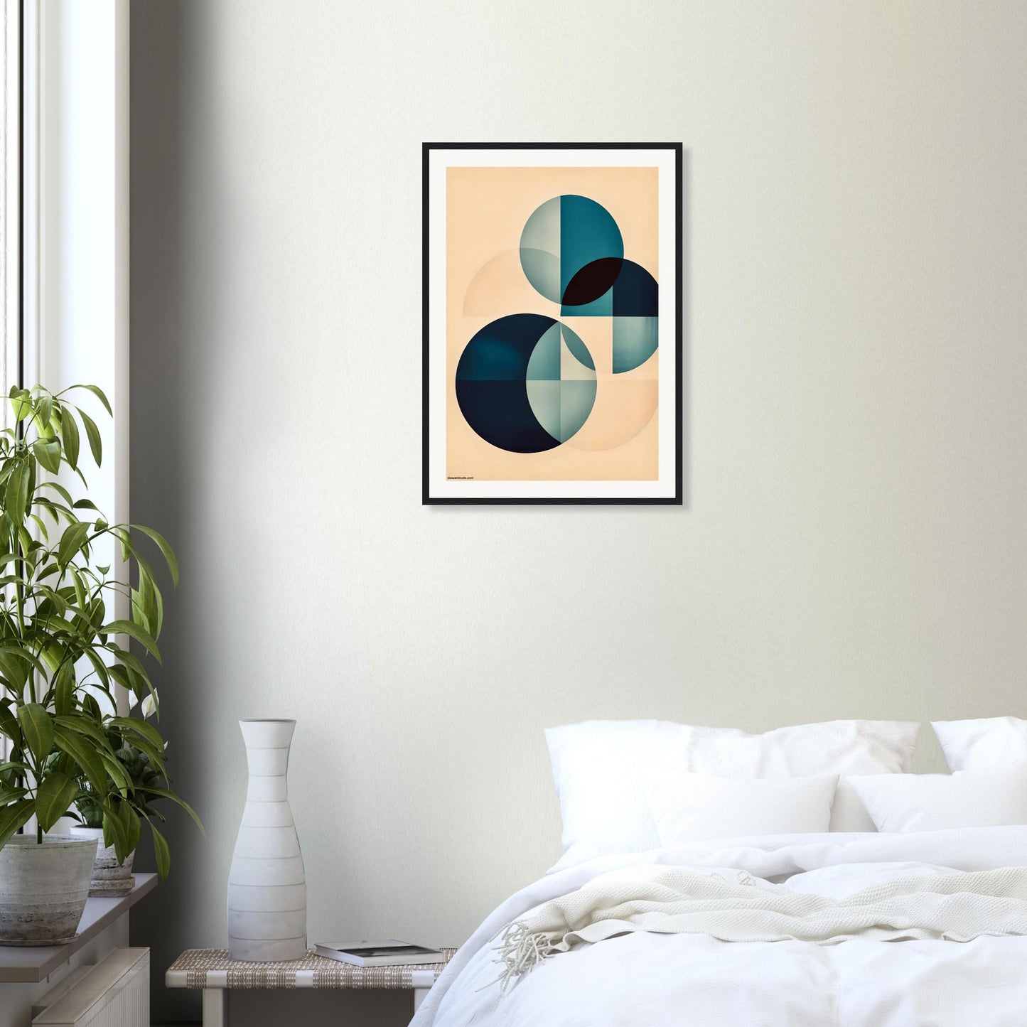 Museum-quality calming abstract poster in peaceful bedroom with teal and peach decor