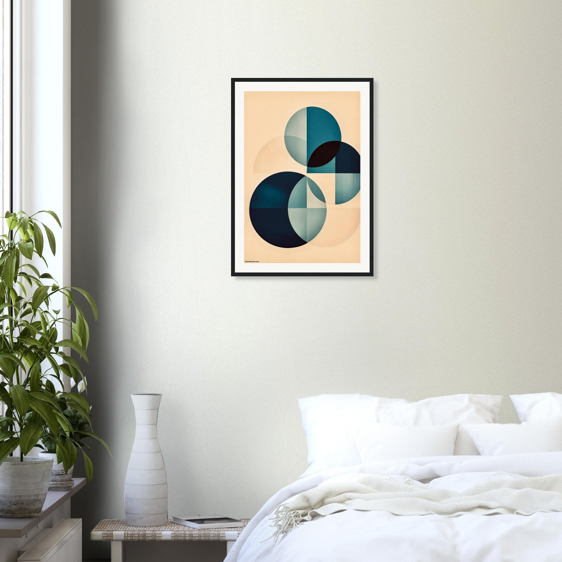 Museum-quality calming abstract poster in peaceful bedroom with teal and peach decor