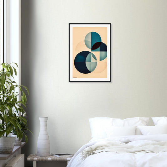 Museum-quality calming abstract poster in peaceful bedroom with teal and peach decor