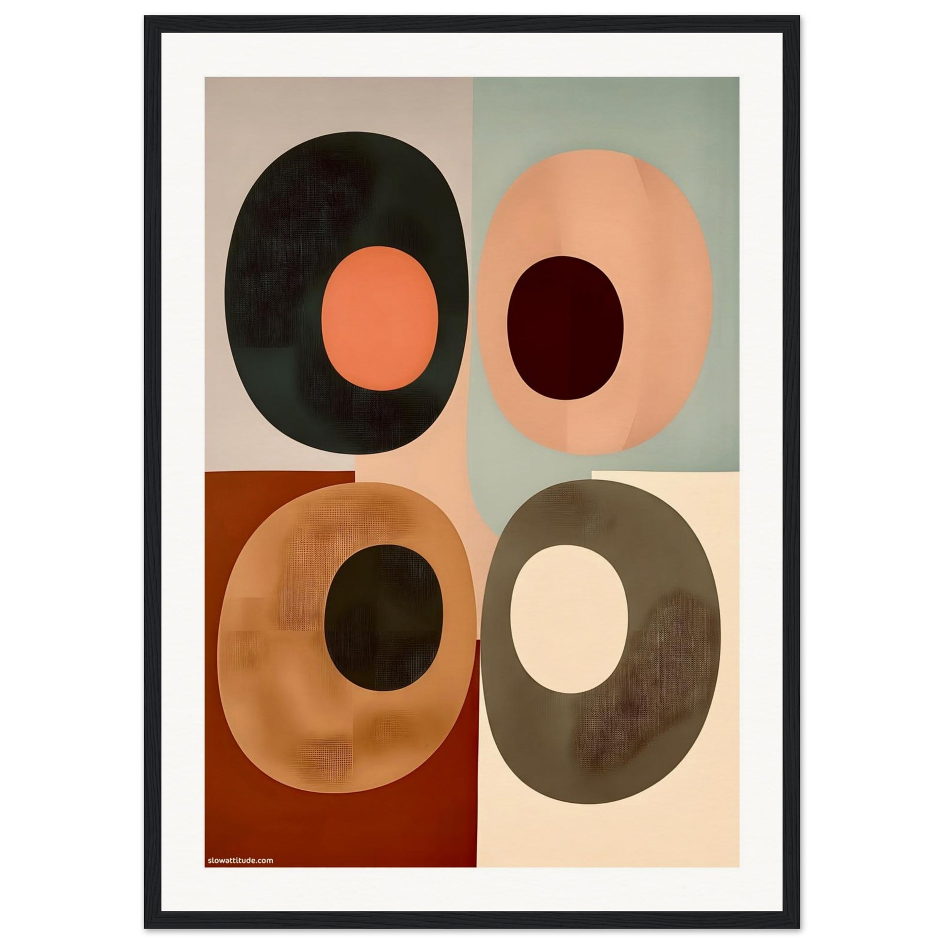 Framed abstract art print with colorful circles on a beige background