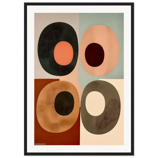 Framed abstract art print with colorful circles on a beige background