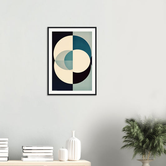 Framed abstract art print on a wall with semicircular geometric shapes and soft teal and beige palette, and decorative items below.