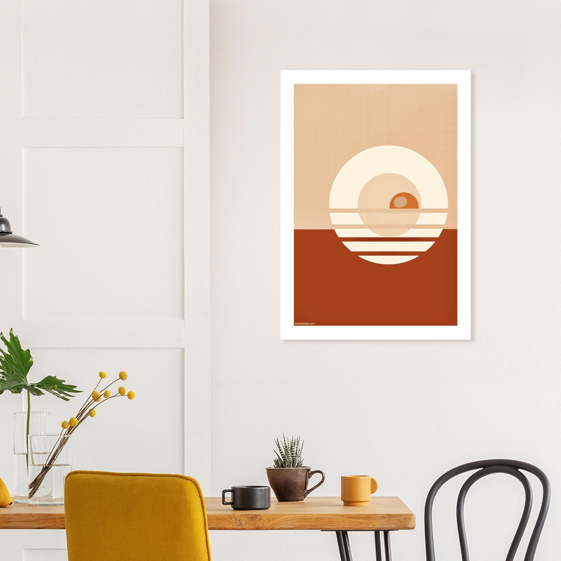 Geometric semicircle poster detail - vibrant yellow ochre and terracotta minimalist design