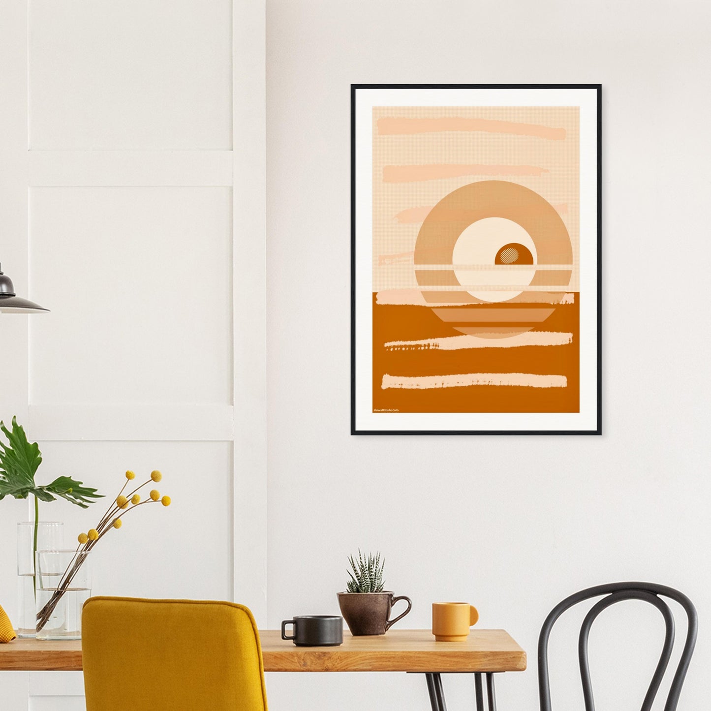 Calming abstract wall art in creative workspace with natural tones featuring abstract sunset