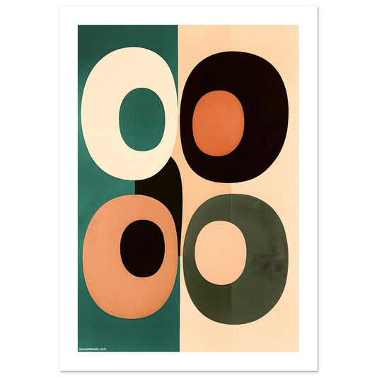 Abstract geometric poster with terracotta, ochre and deep teal overlapping circles on beige background - minimalist modern wall art
