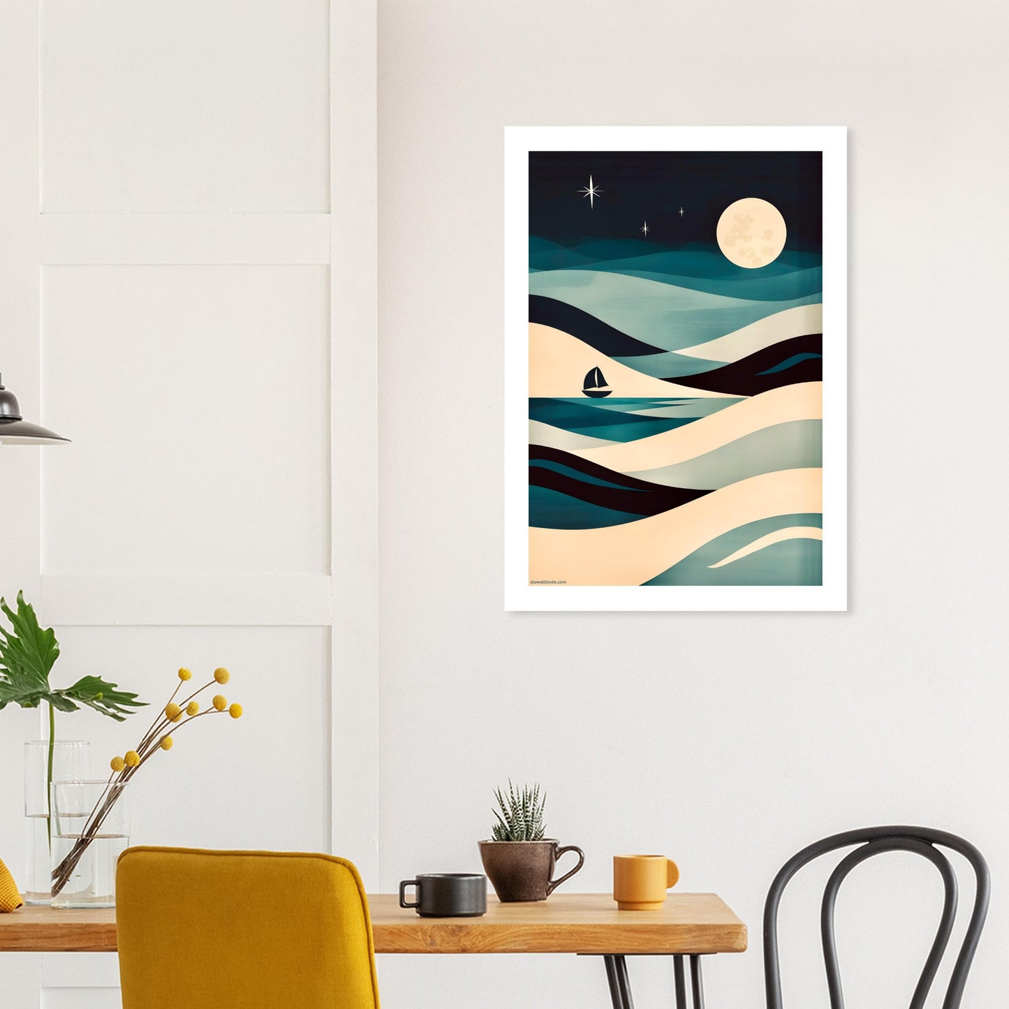Midnight Sail poster detail - tranquil night ocean scene with minimalist sailboat silhouette
