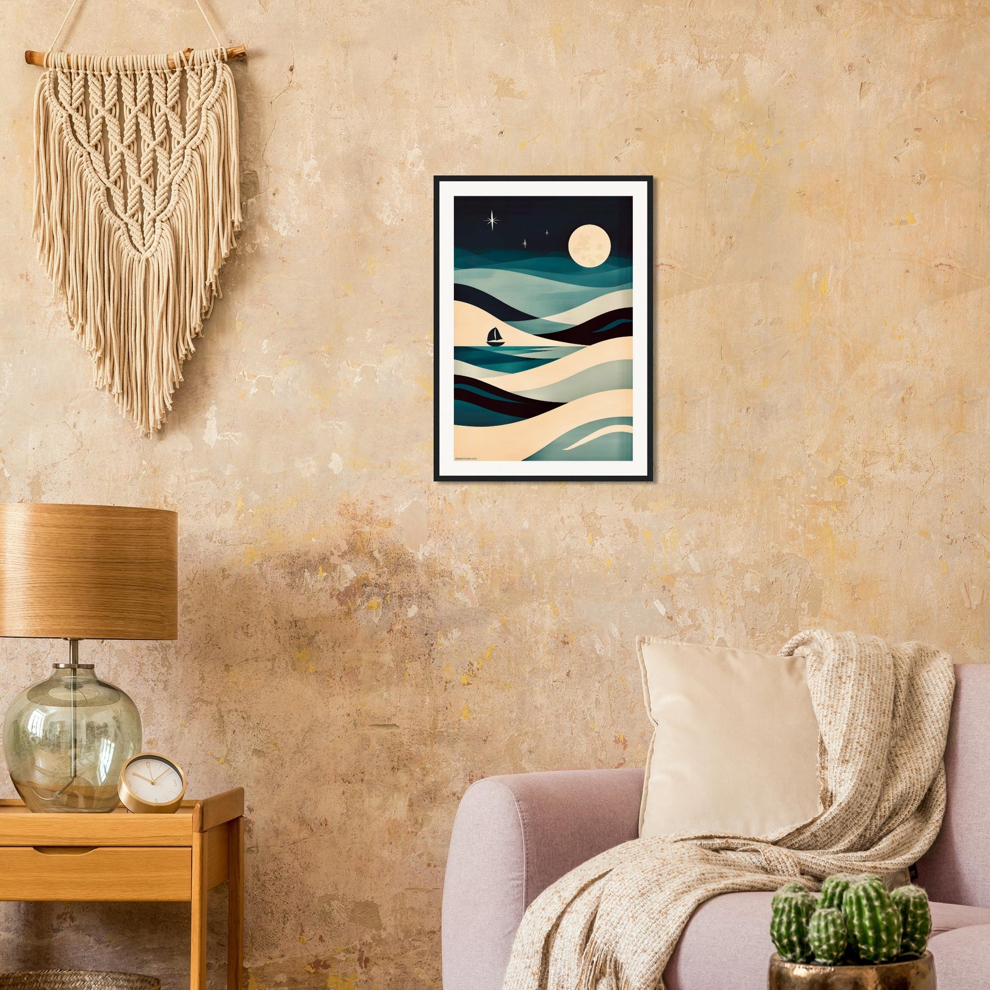 Living room with a framed artwork of a night scene, lamp, and decorative items.