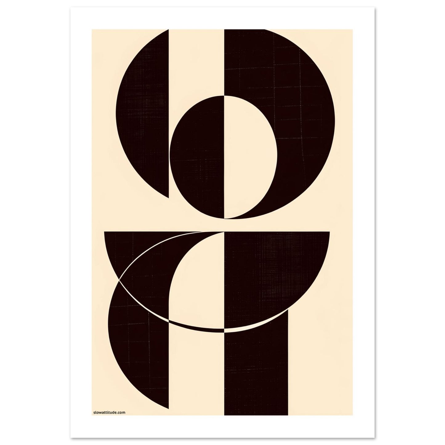 Abstract geometric poster with deep brown and cream semicircles and lines on beige background - minimalist modern wall art