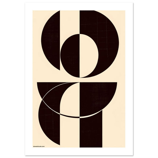 Abstract geometric poster with deep brown and cream semicircles and lines on beige background - minimalist modern wall art