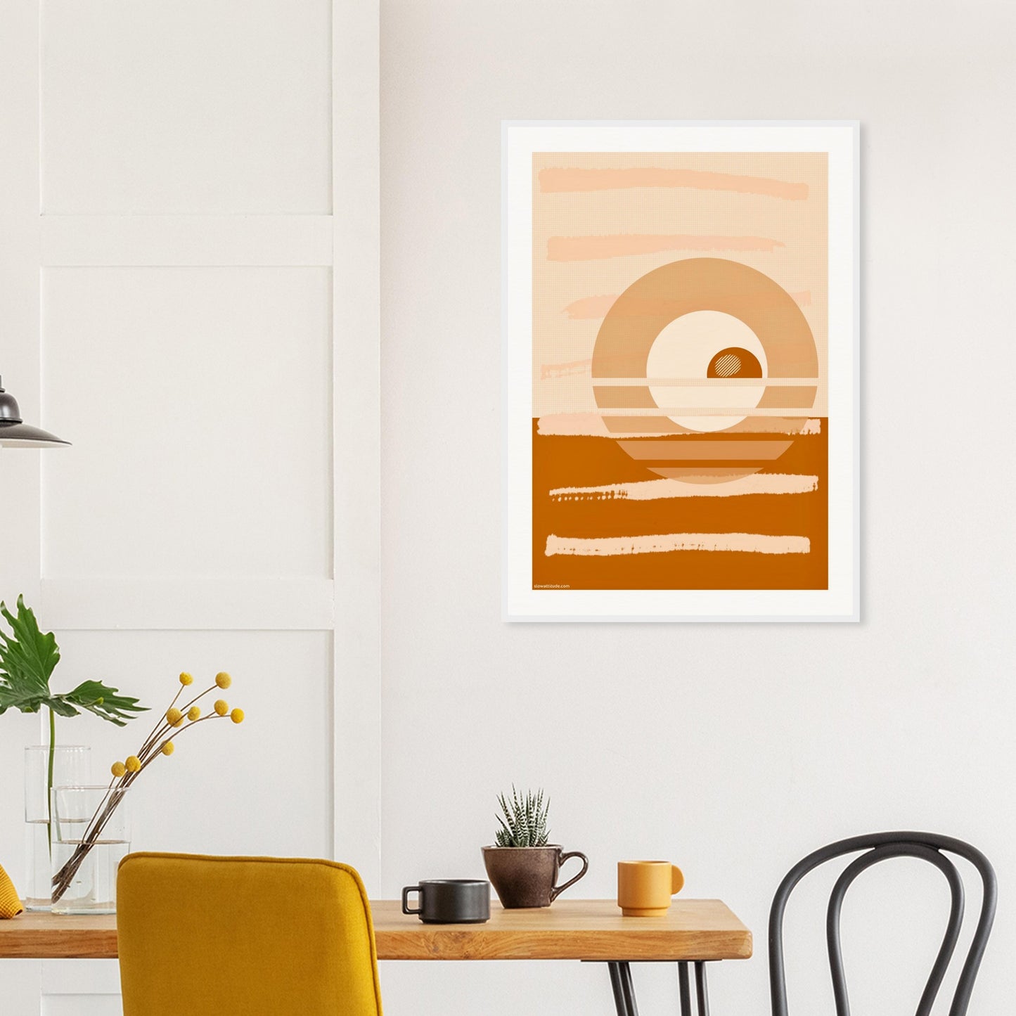 Calming abstract wall art in modern workspace with natural tones In a white frame