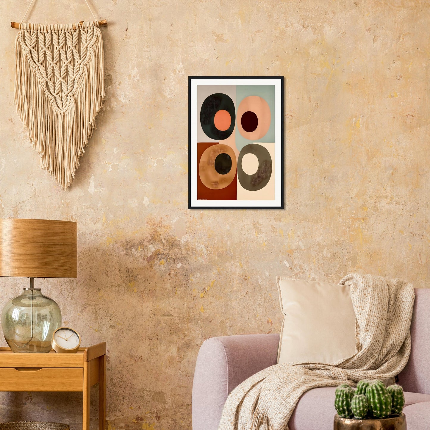 Living room with abstract art on the wall, lamp, and decorative elements.