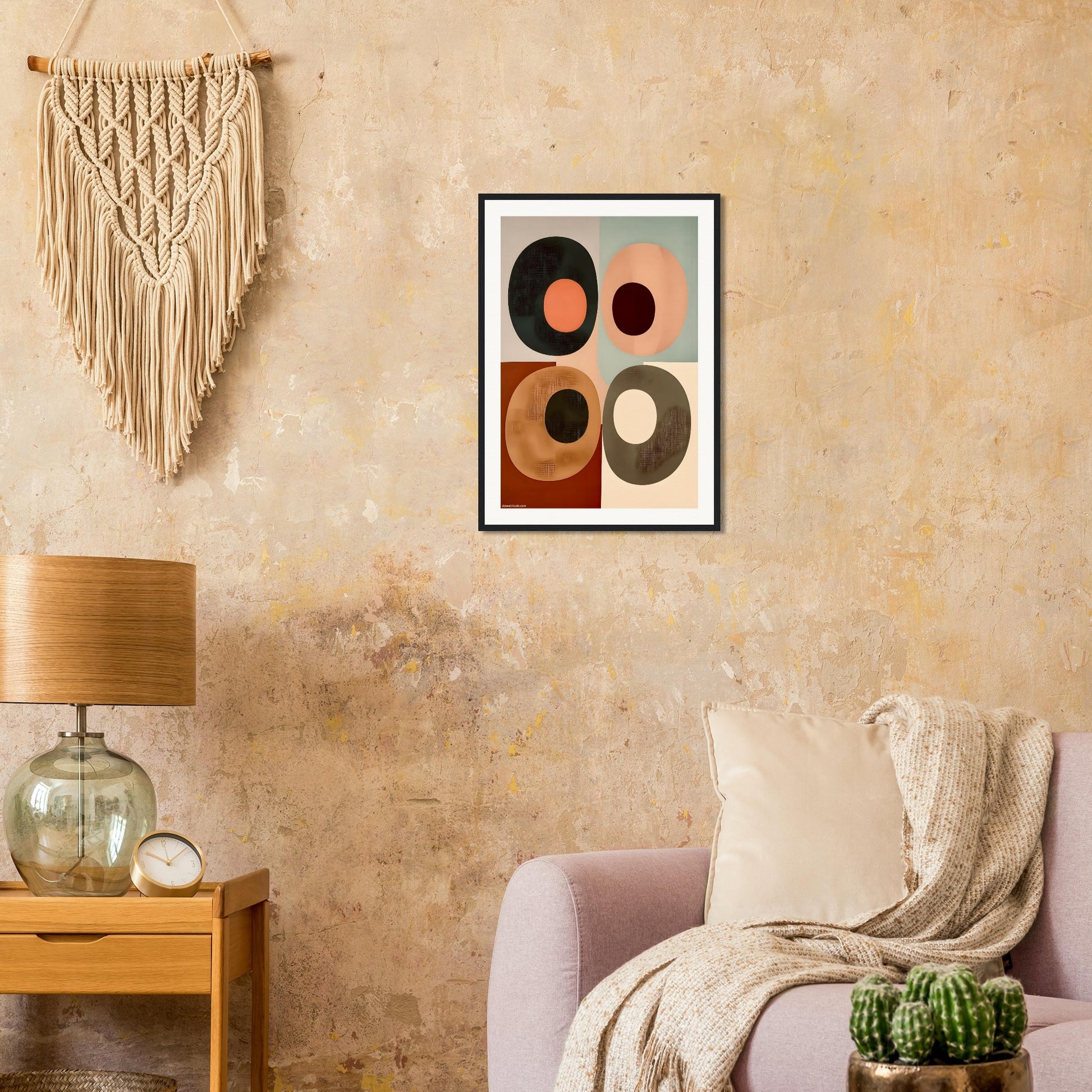 Living room with abstract art on the wall, lamp, and decorative elements.