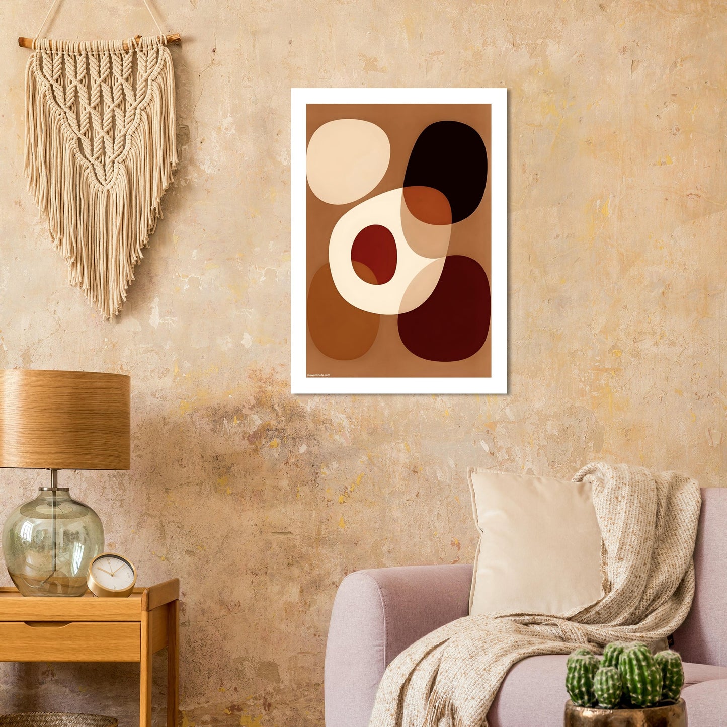 Minimalist geometric art print featuring organic semicircles in terracotta, deep ochre and cream palette