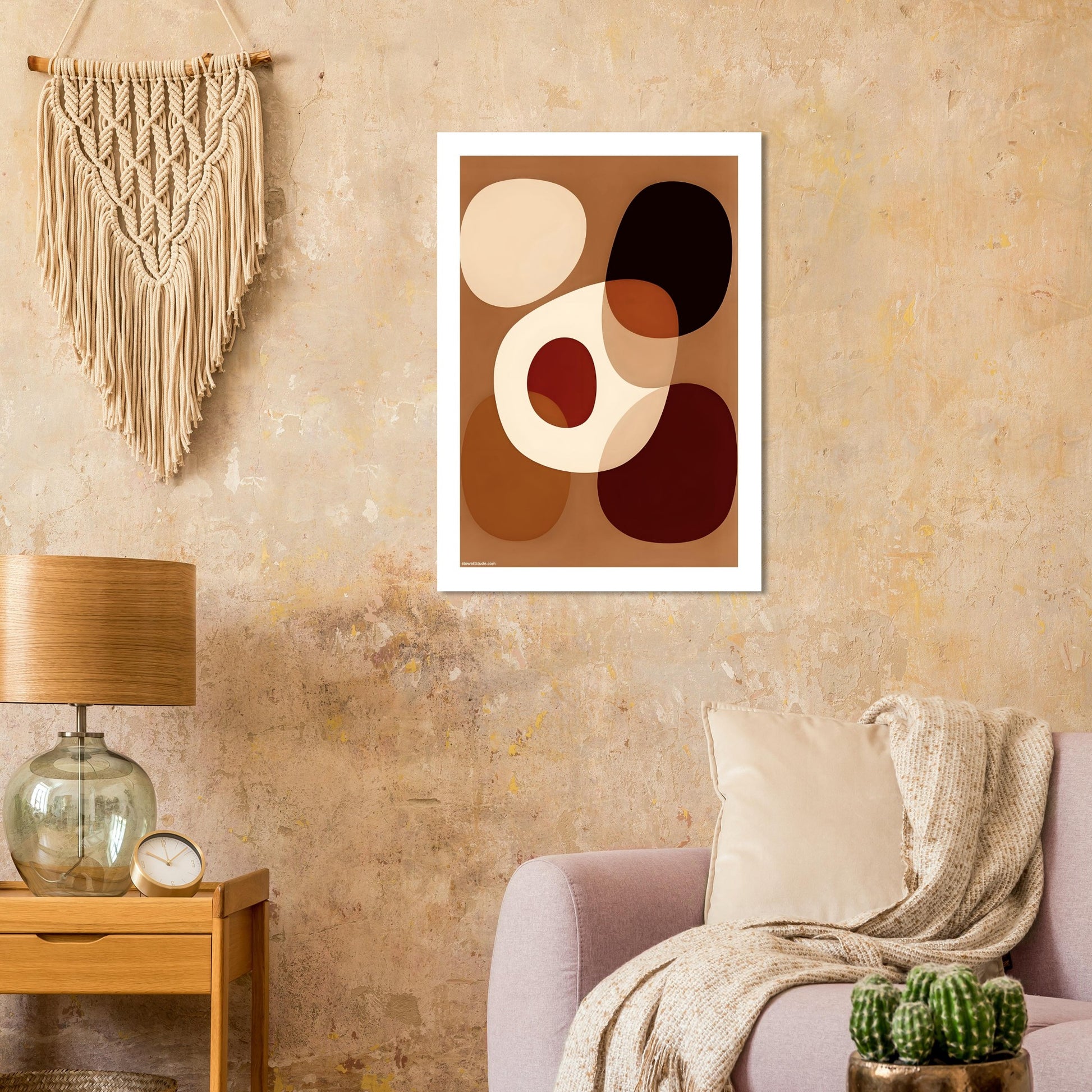 Minimalist geometric art print featuring organic semicircles in terracotta, deep ochre and cream palette