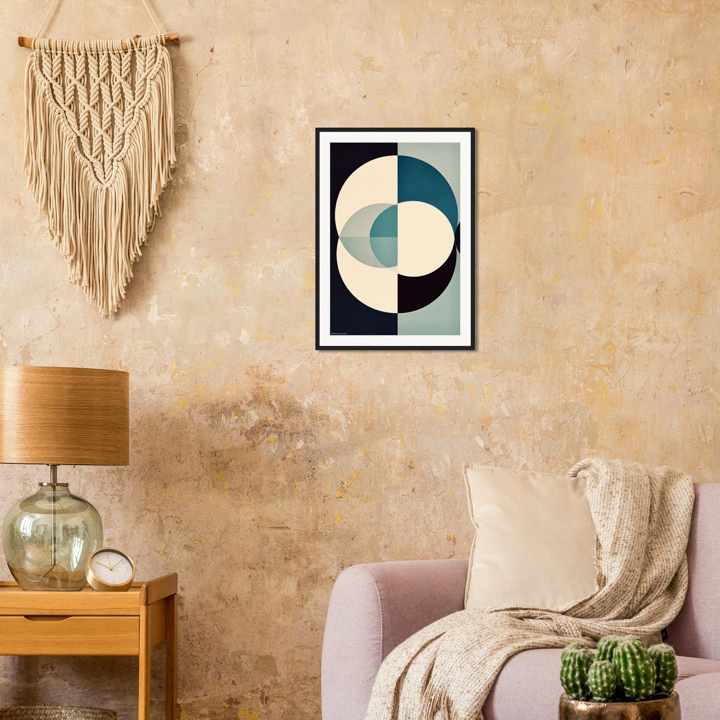 Living room with abstract art on the wall, lamp, and plants.
