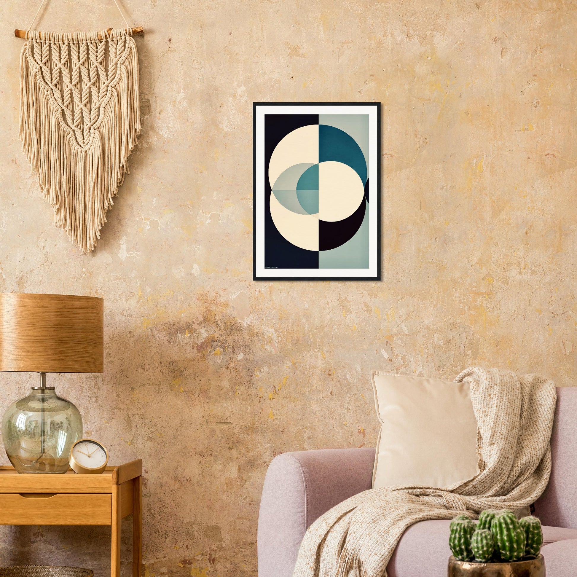 Living room with abstract art on the wall, lamp, and plants.