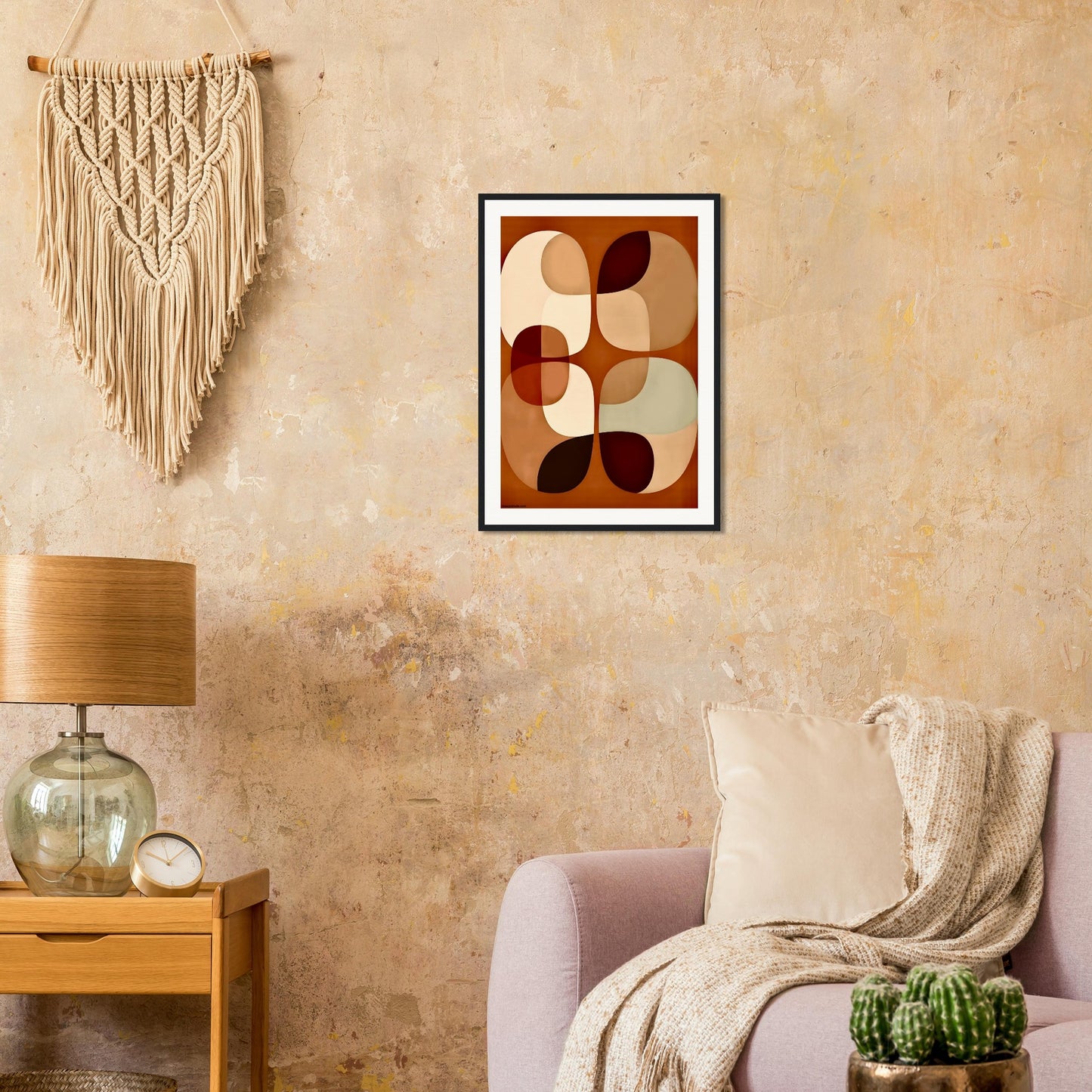 Boho Living room with abstract art on the wall, lamp, and decorative elements.