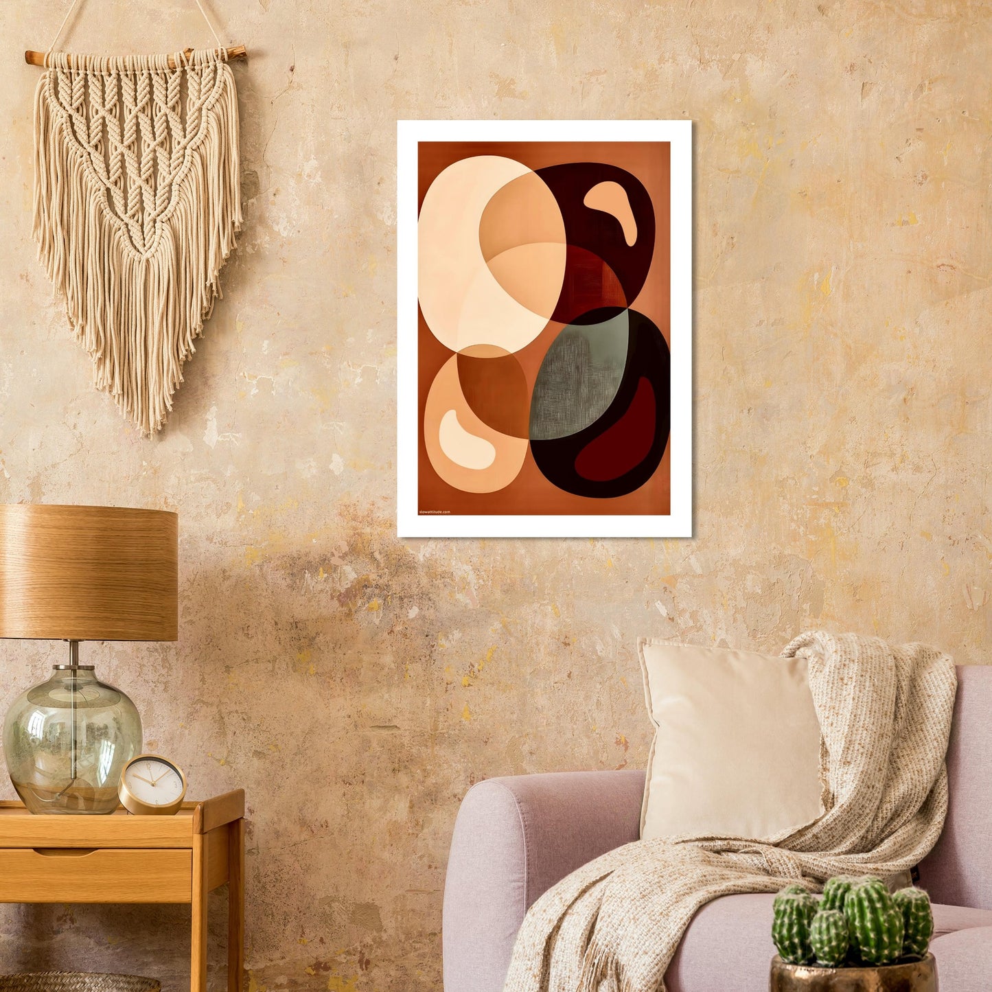 Warm terracotta and yellow ochre abstract geometric print - calming boho minimalist wall art for serene spaces
