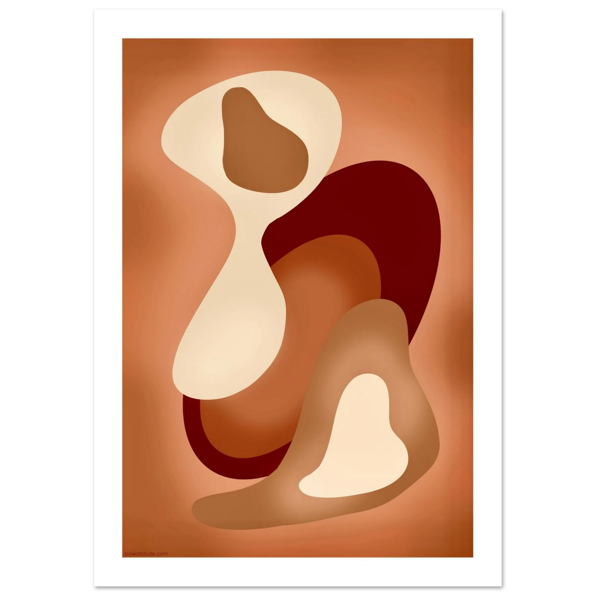 Abstract wall art print featuring overlapping organic shapes in warm neutral tones on premium matte paper