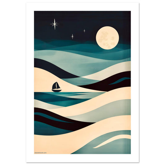 Midnight Sail coastal abstract print with sailboat on dark blue night seascape - minimalist wall art poster