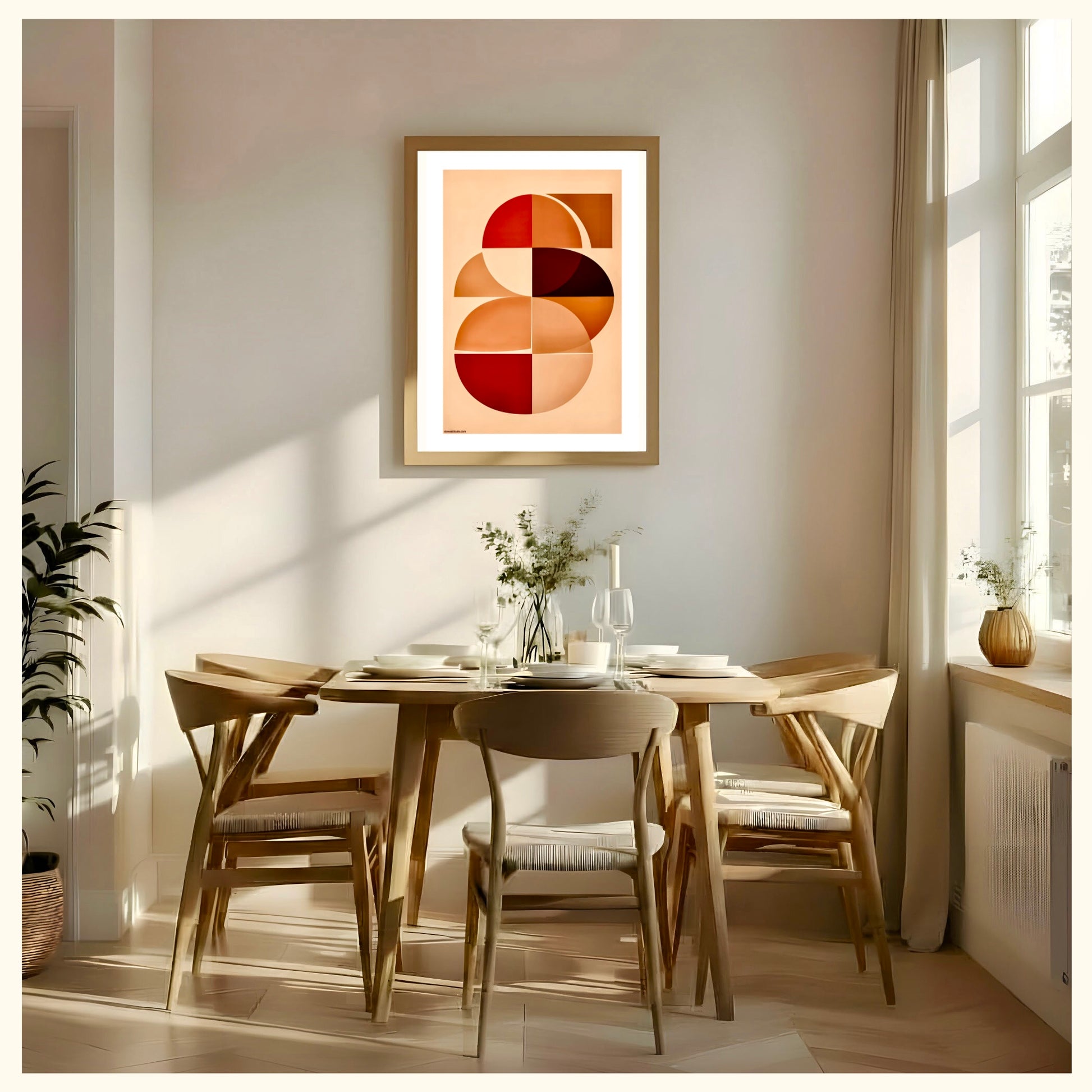 Boho geometric print displayed in modern interior with natural decor and plants