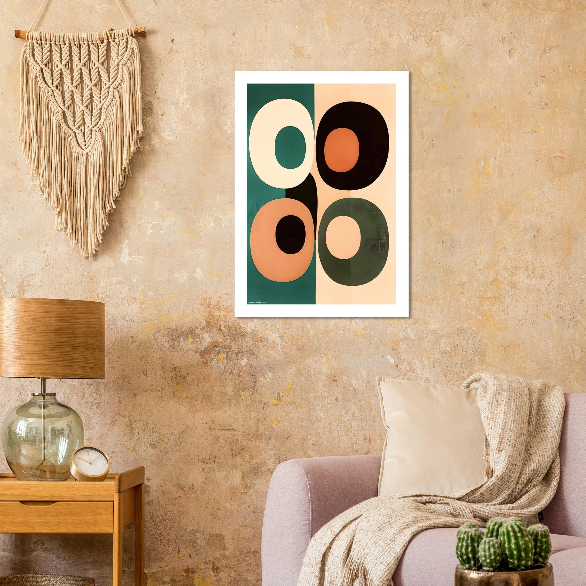 Minimalist geometric art print featuring semicircles in terracotta, yellow ochre and deep teal tones