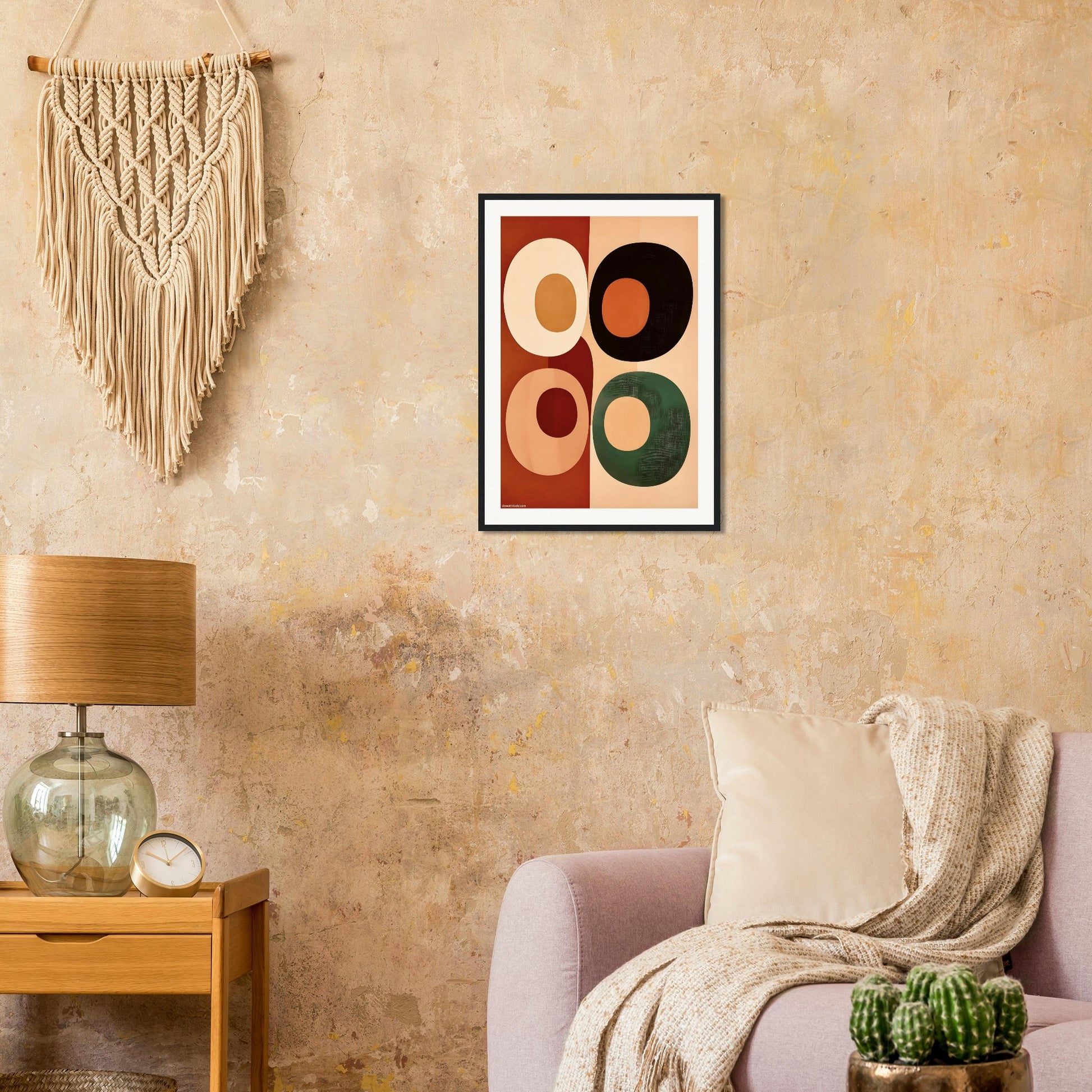 Living room with abstract art on the wall, lamp, and decorative elements.