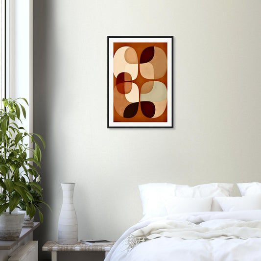 Framed abstract museum quality poster on a wall above a bed in a bedroom setting.