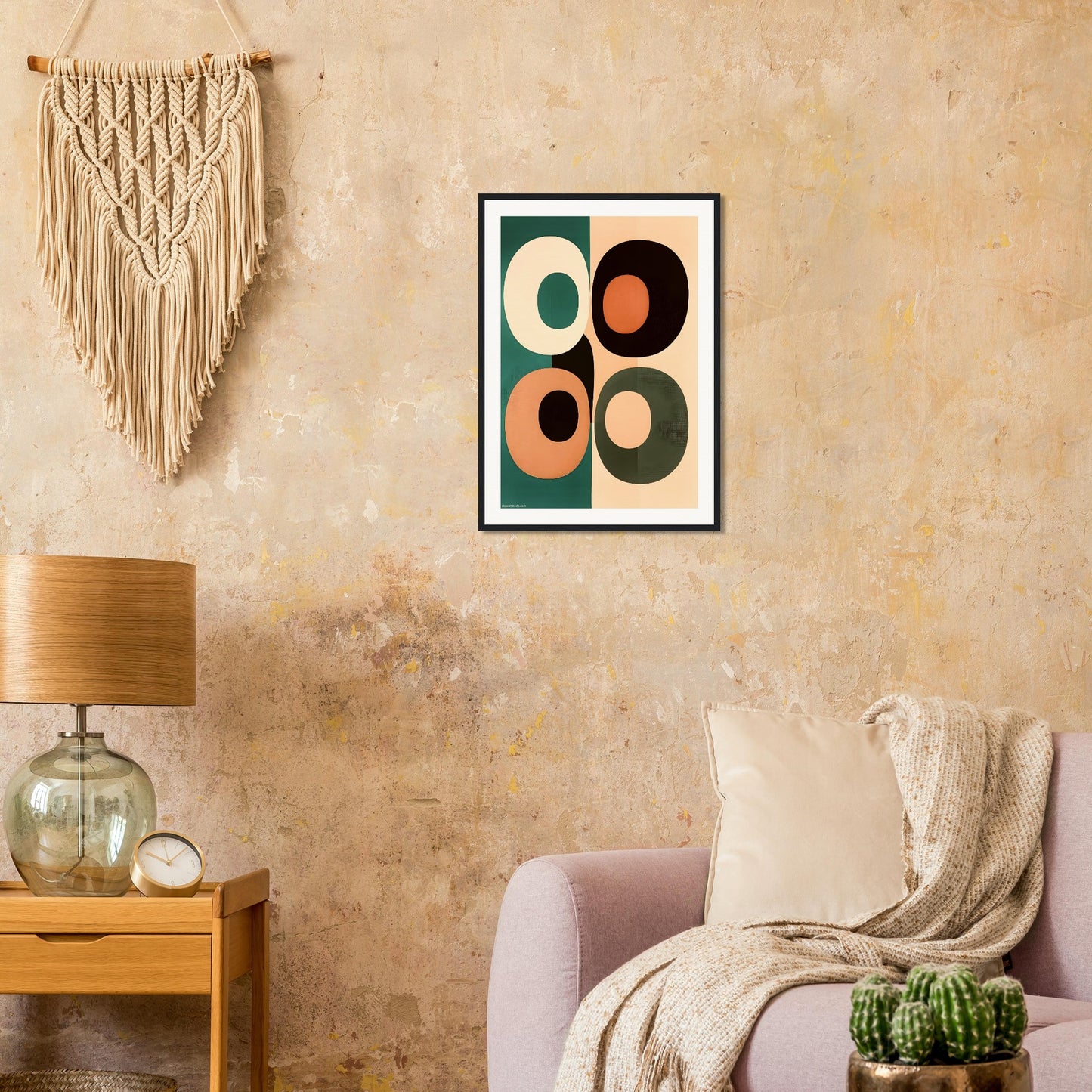 Abstract geometric framed poster in modern living room with Boho decor, printed on museum quality matte paper