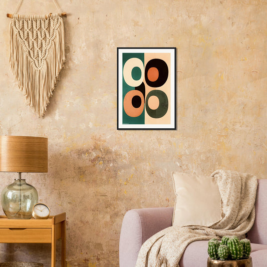 Abstract geometric framed poster in modern living room with Boho decor, printed on museum quality matte paper
