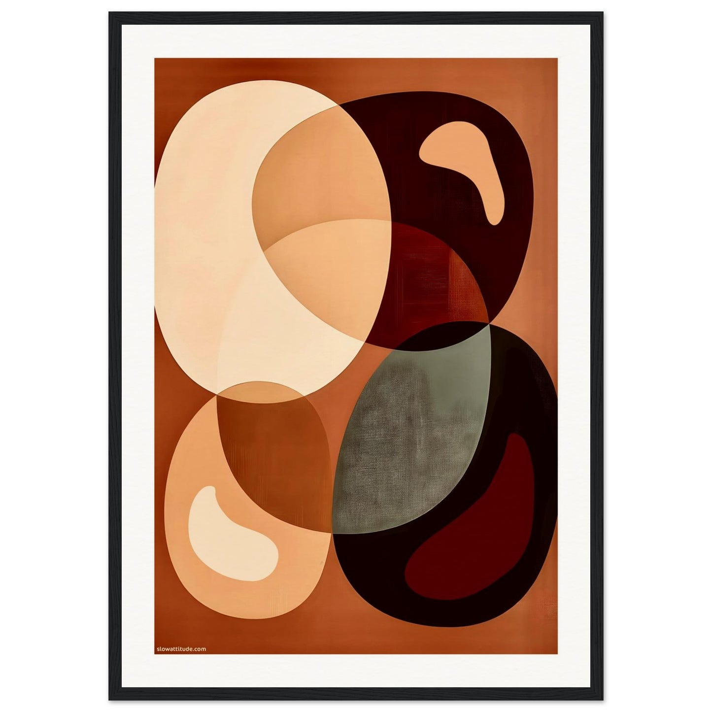 Abstract art print with geometric round shapes on a brown background