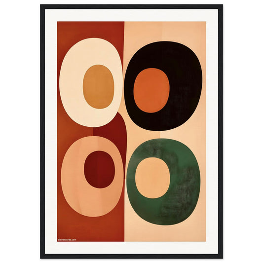 Framed abstract art print with four colored circles on a beige background