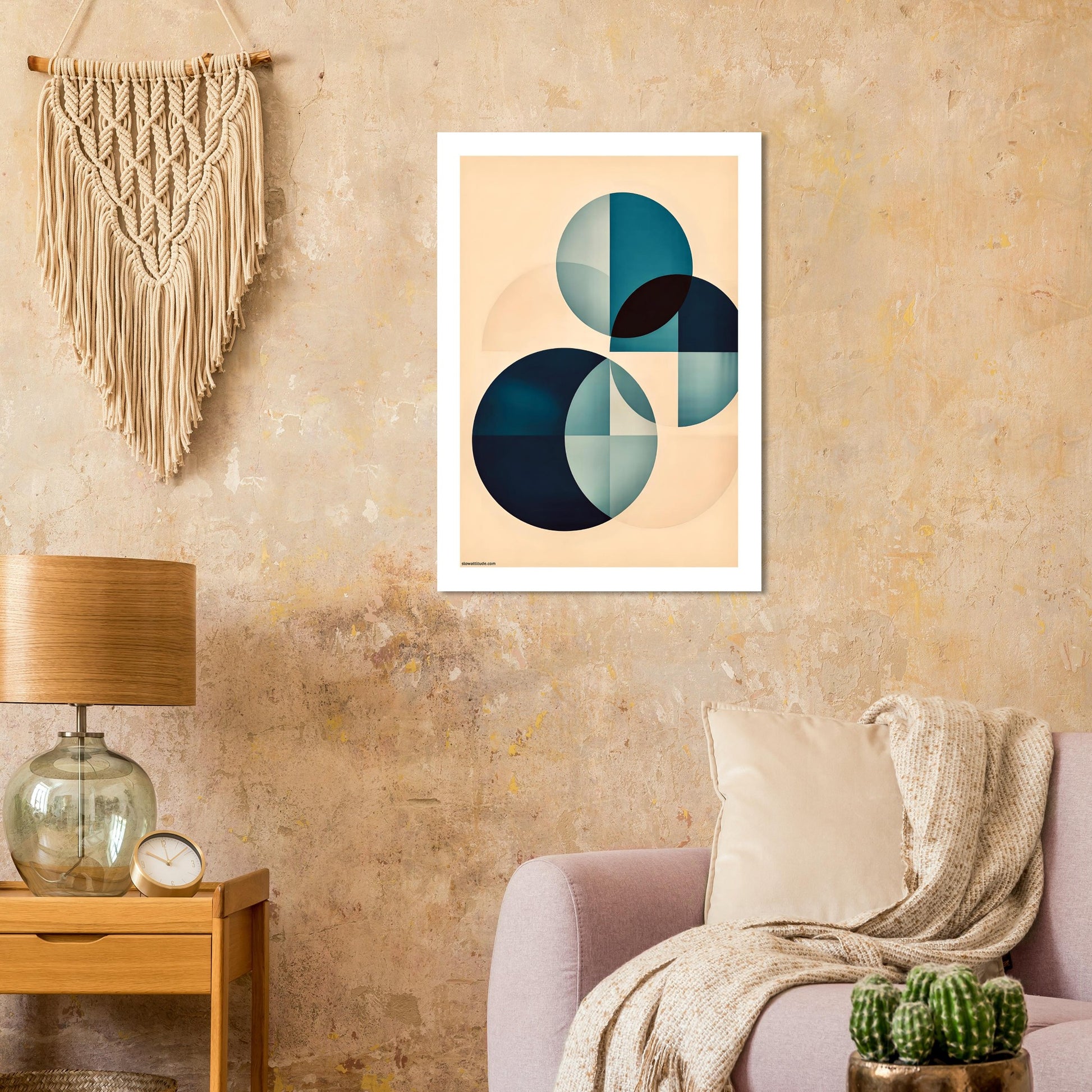 Modern geometric art featuring calming teal and soft peach color palette