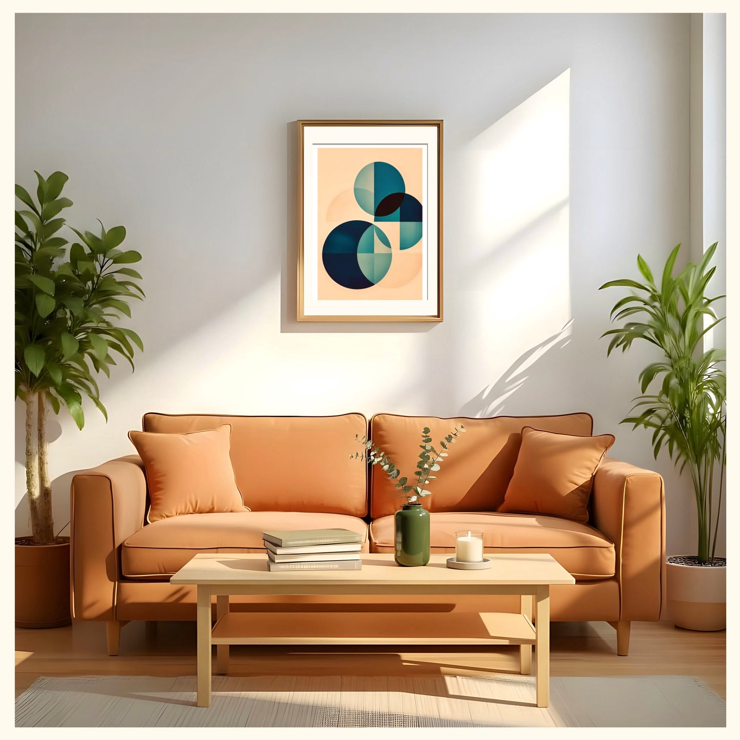 Teal and peach geometric wall art mockup in modern minimalist bedroom setting
