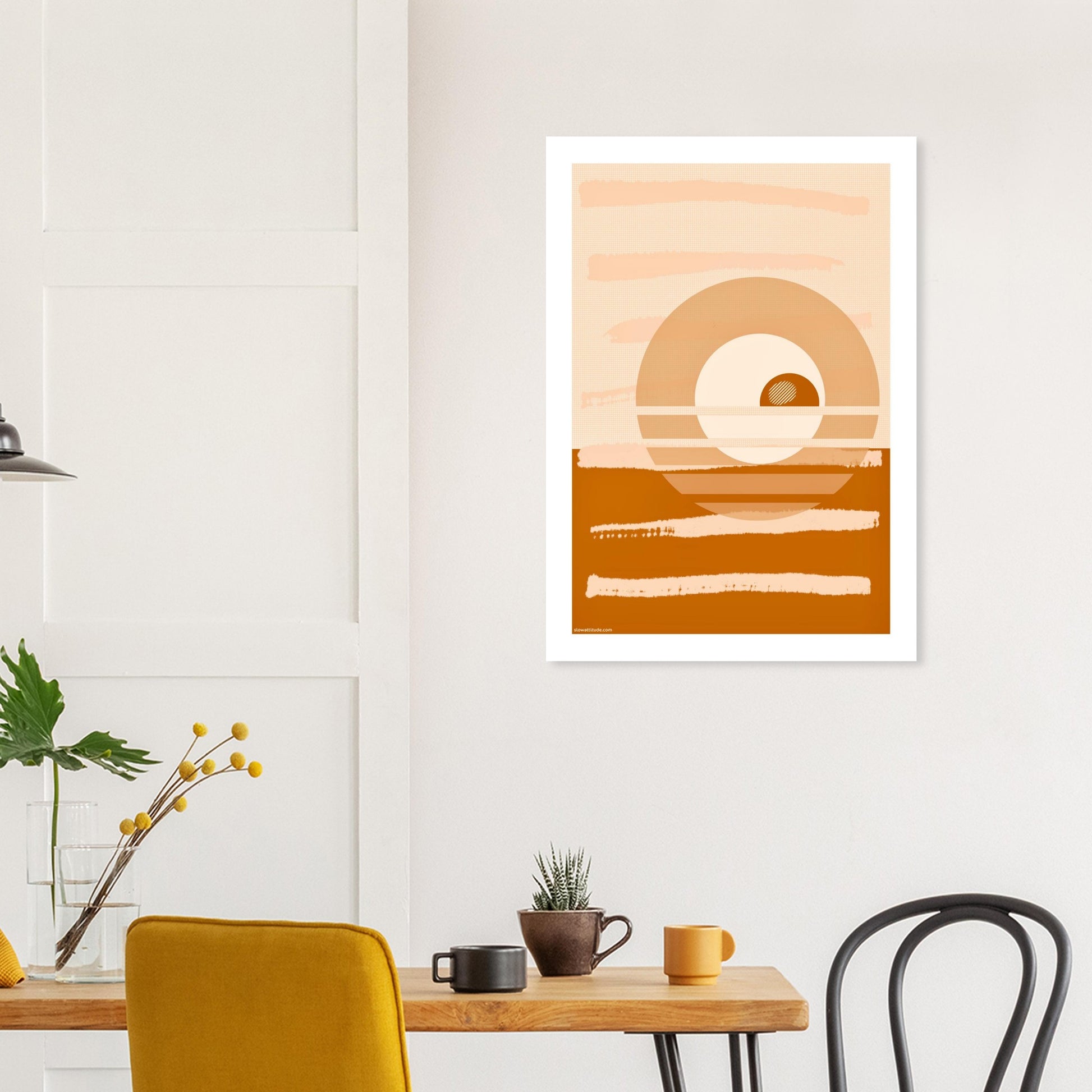 Geometric sunset poster detail - rich terracotta and golden ochre semicircle minimalist design