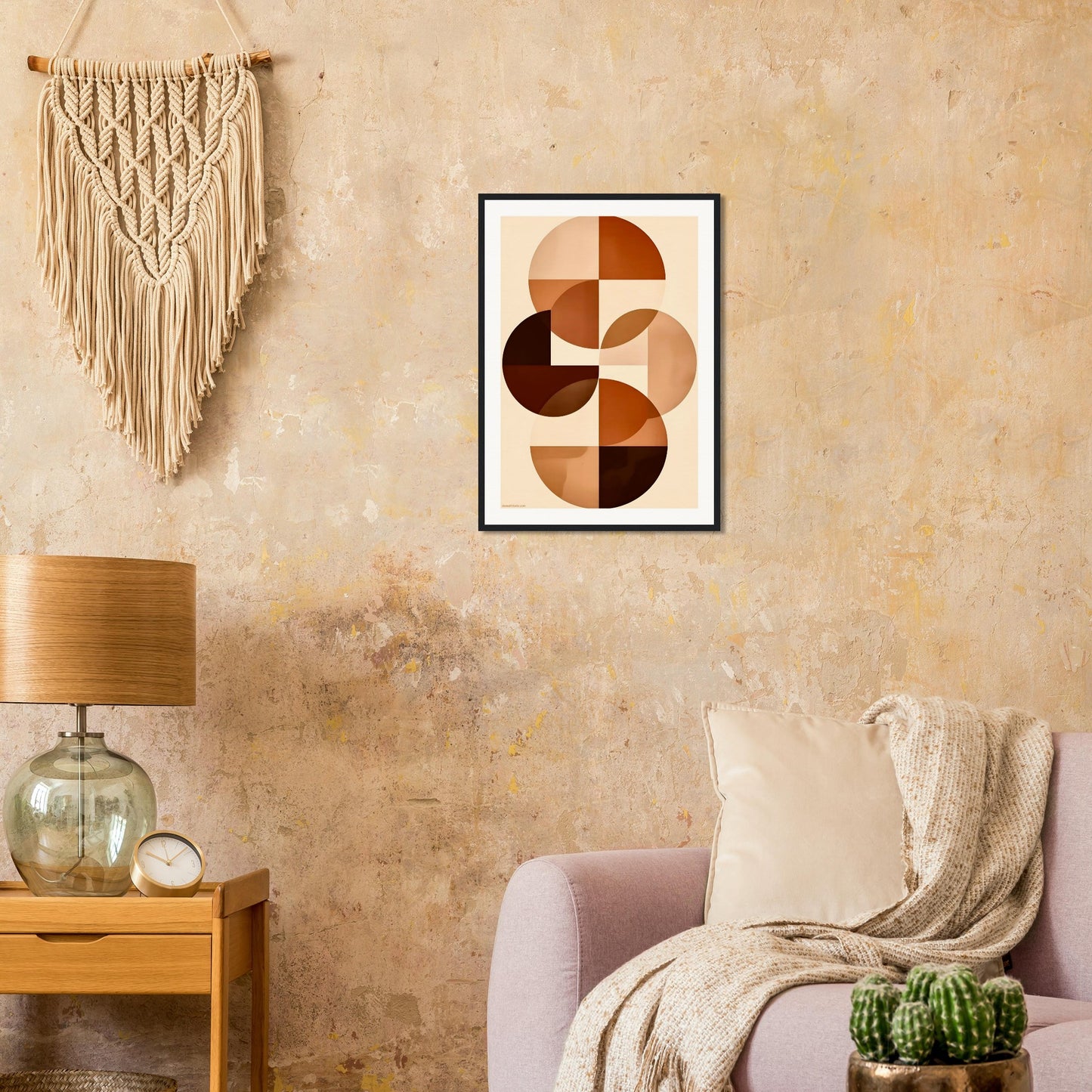 Terracotta and cream abstract geometric wall art above armchair or sofa in minimalist living space